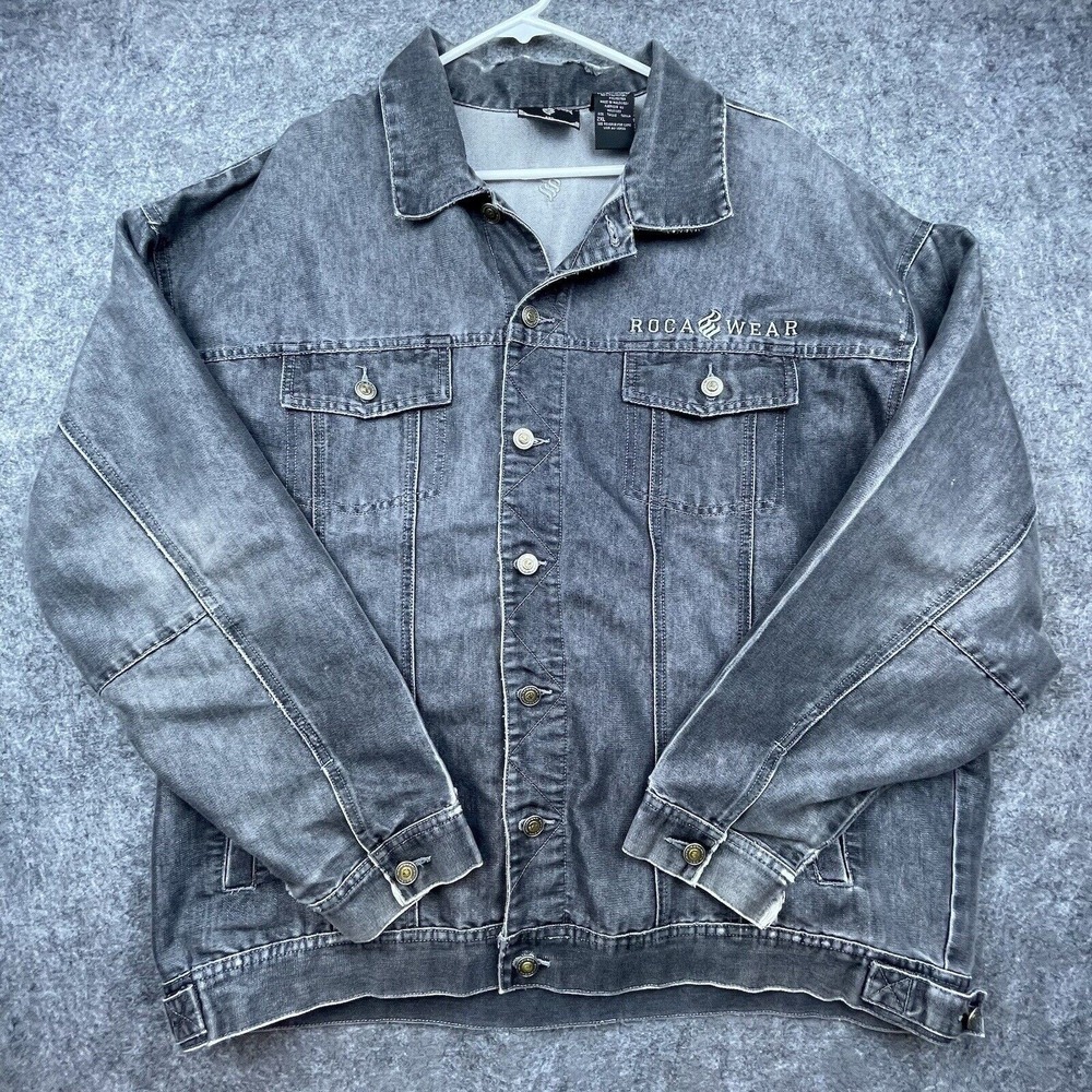 Rocawear Denim Jacket Mens 2XL Lightweight Streetwear Thrashed Y2K Baggy Hip Hop